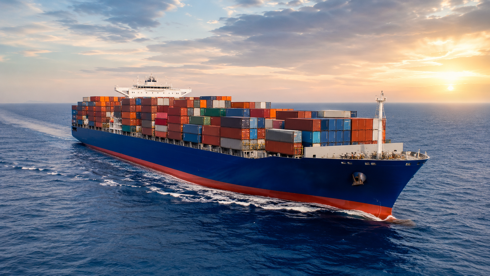Large cargo ship transporting vehicles during sunset